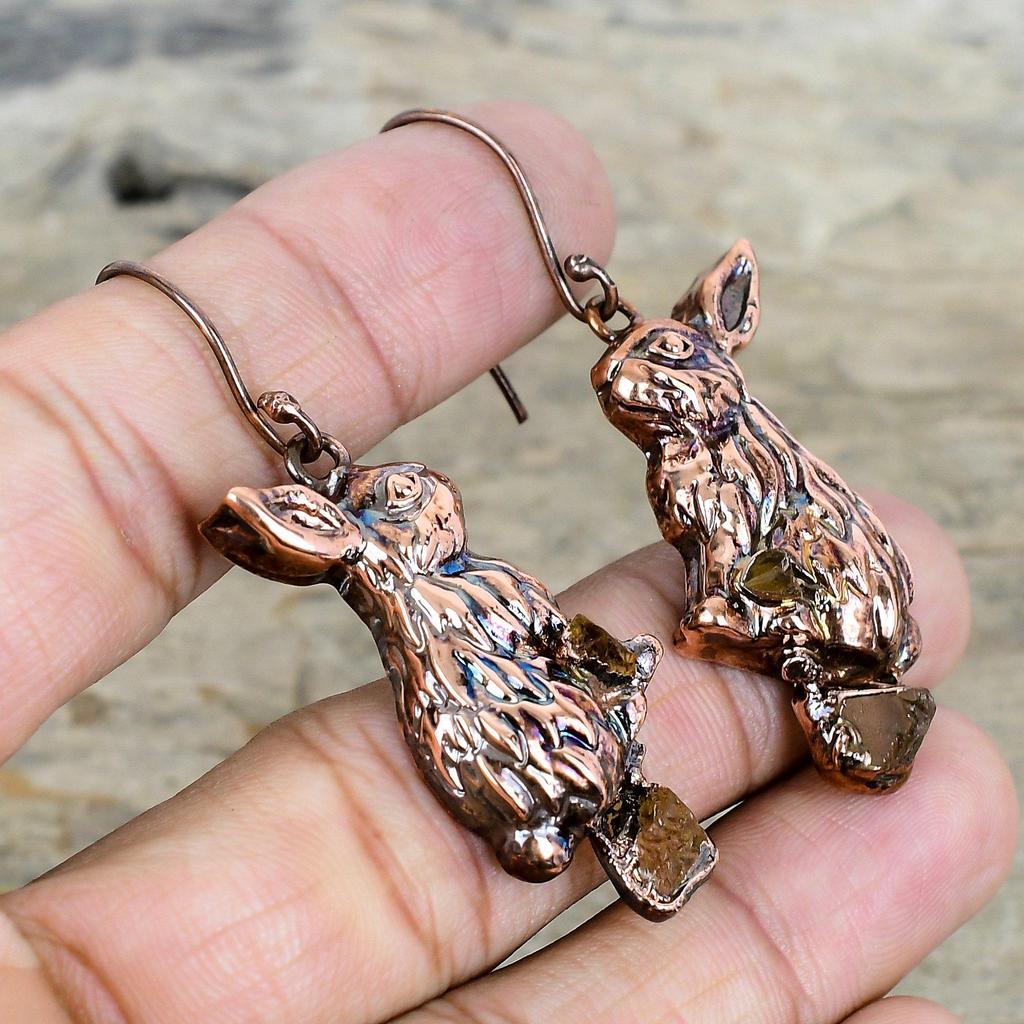 Citrine Rough Earring Electroformed Copper Earrings Handmade Rabbit Earring Gemstone Jewelry Unique Copper Jewelry Dangle Earring for Gifts