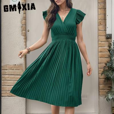 Damenmode Sommer Frühling Einfarbiger Druck Kurzarm V-Ausschnitt Hohe Taille Freizeitkleider