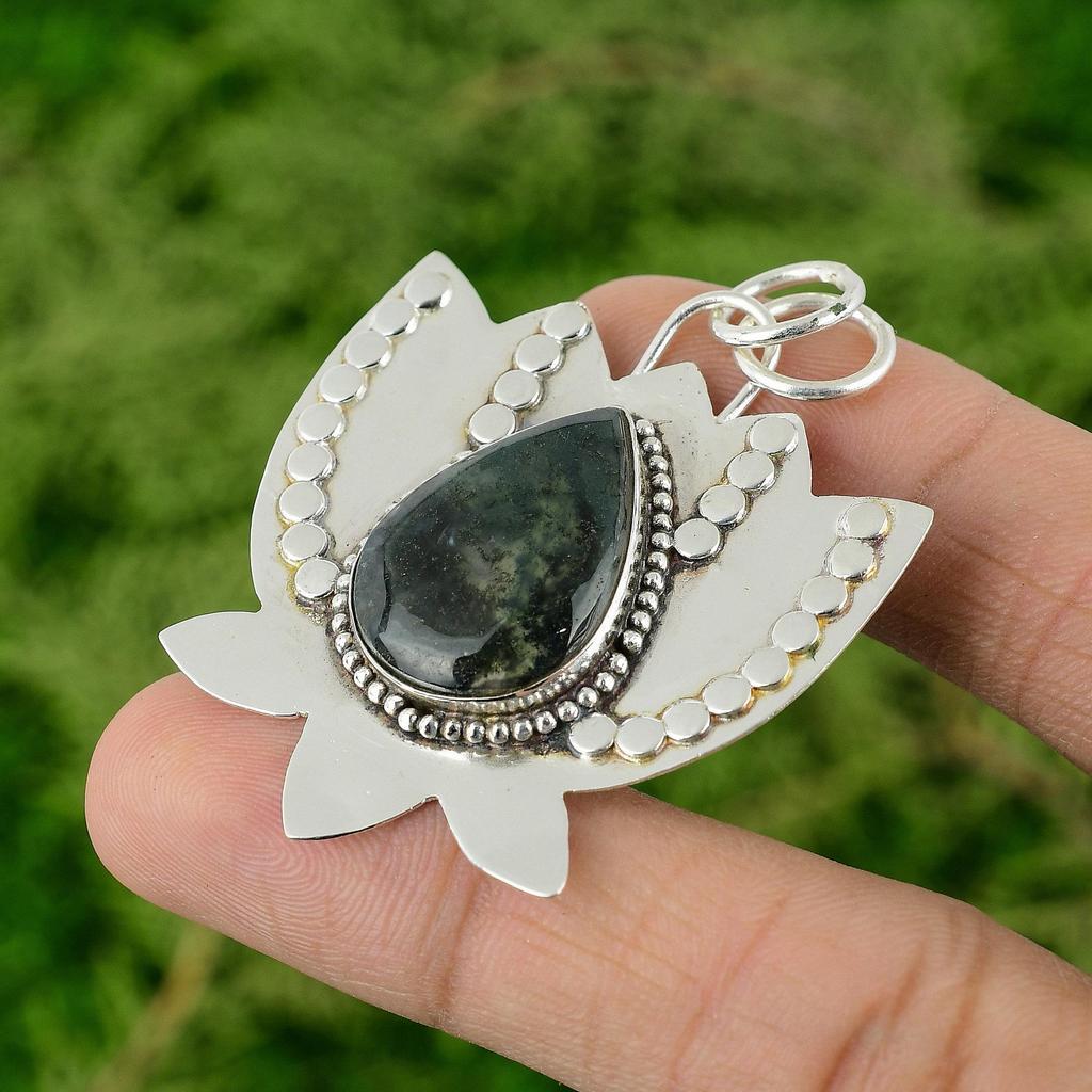 Pear Natural Solar Moss Agate Sterling Silver Wife Lotus Bezel Pendant Jewelry
