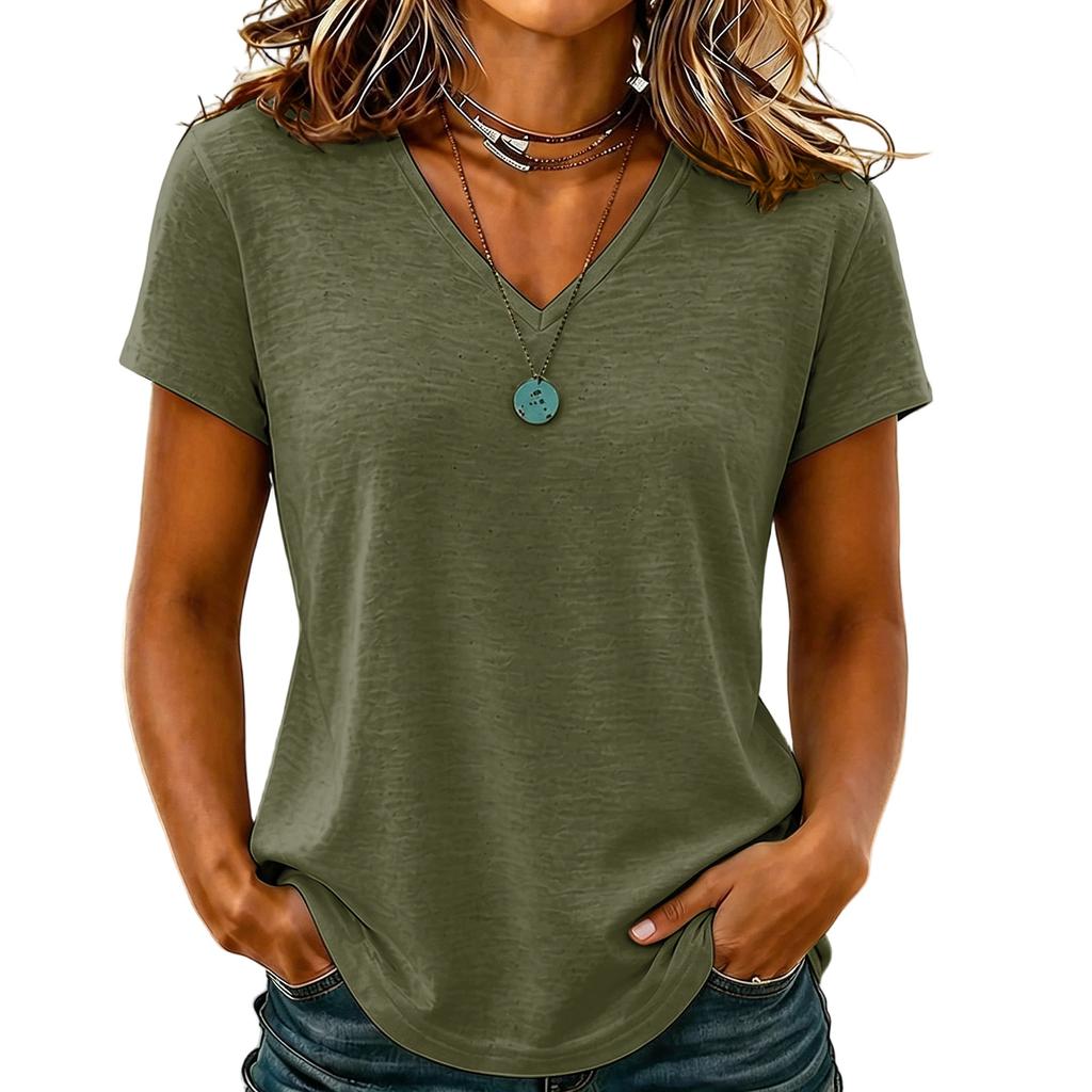 Women Casual V Neck Short Sleeve Solid Color T Shirt Lightweight Soft Fabric Relaxed Fit Basic Tee for Everyday Wear