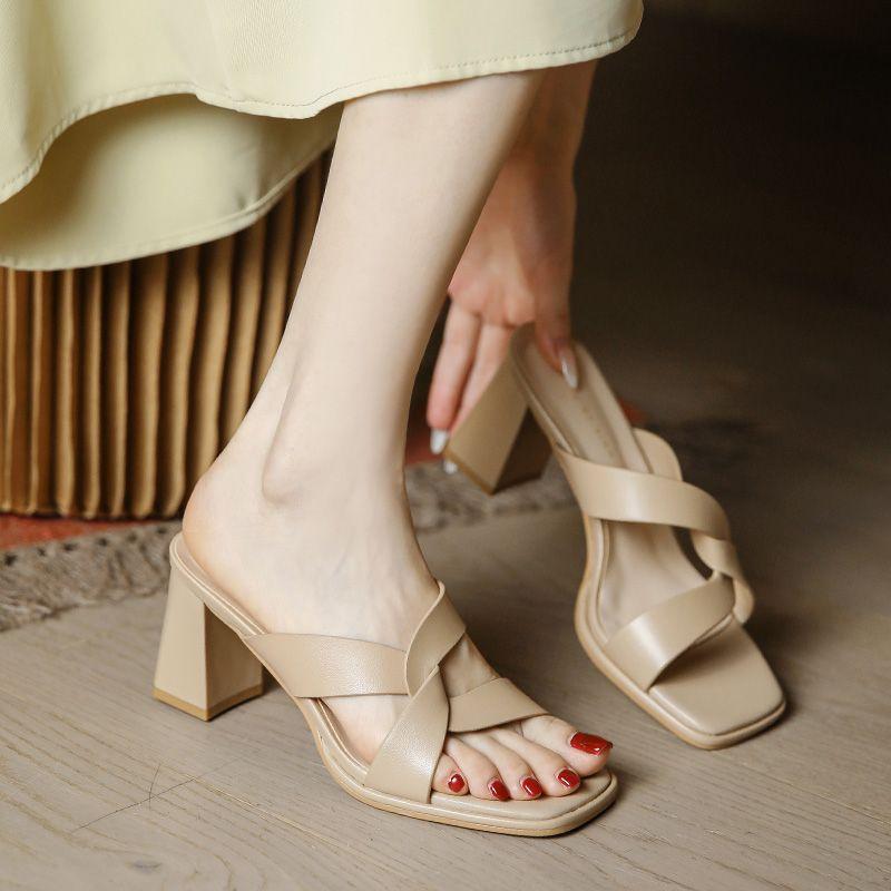 Open-toed high heels women's thick heels 2025 summer new Roman lazy shoes wear a pedal square head cool slippers women