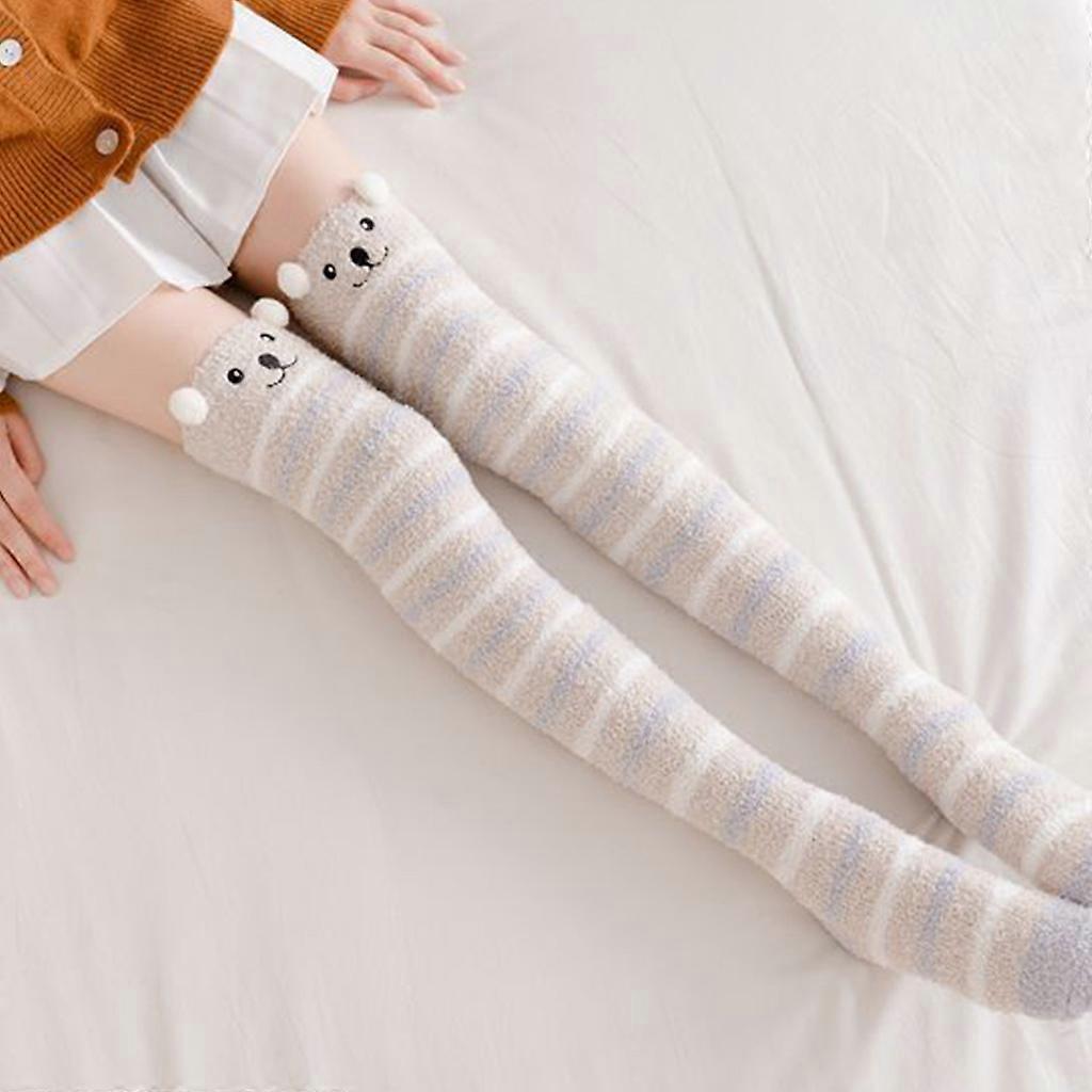 Women Cartoon Thigh High Fuzzy Slipper Socks Cute Animal Embroidery 3D Ears Over Knee Long Stockings Winter Fluffy Plush Warm Leg Warmers