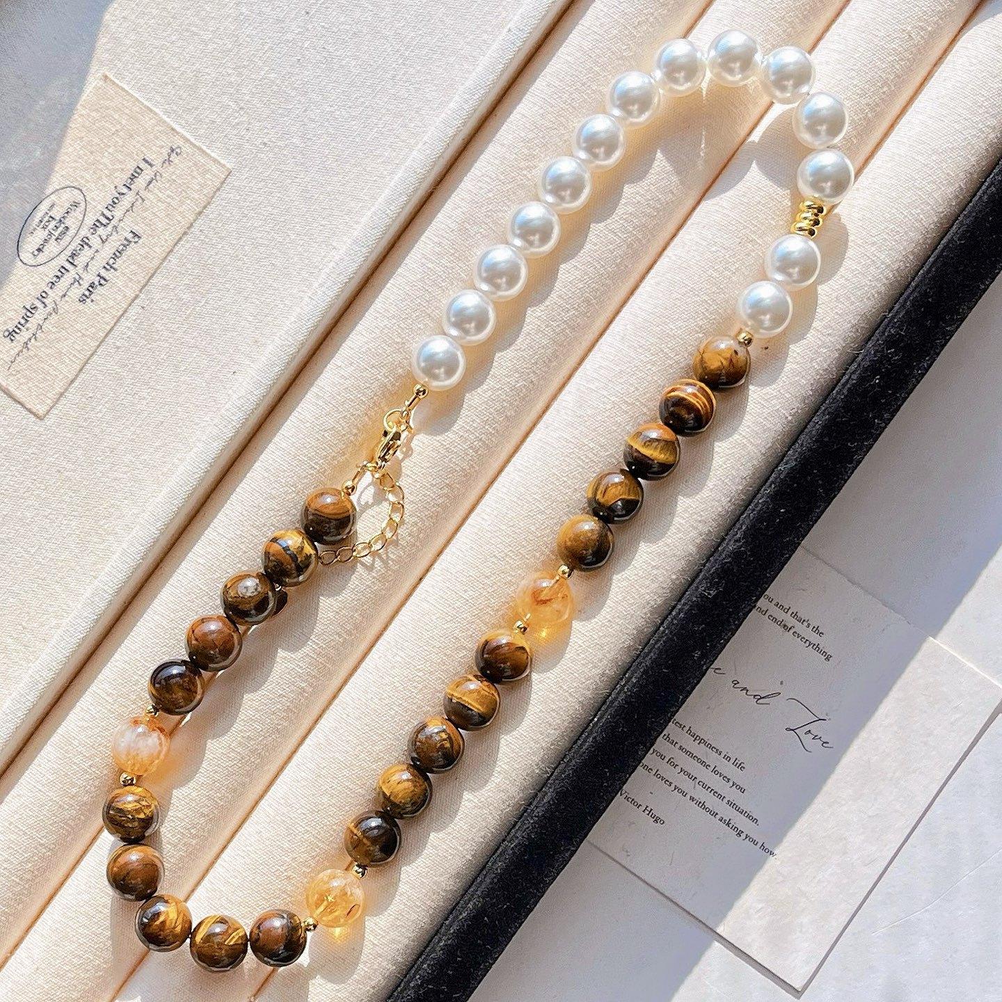 10Mm Boutique Natural Tiger S Eye Citrine Imitation Australian White Pearl Sweater Chain Necklace Collarbone Chain