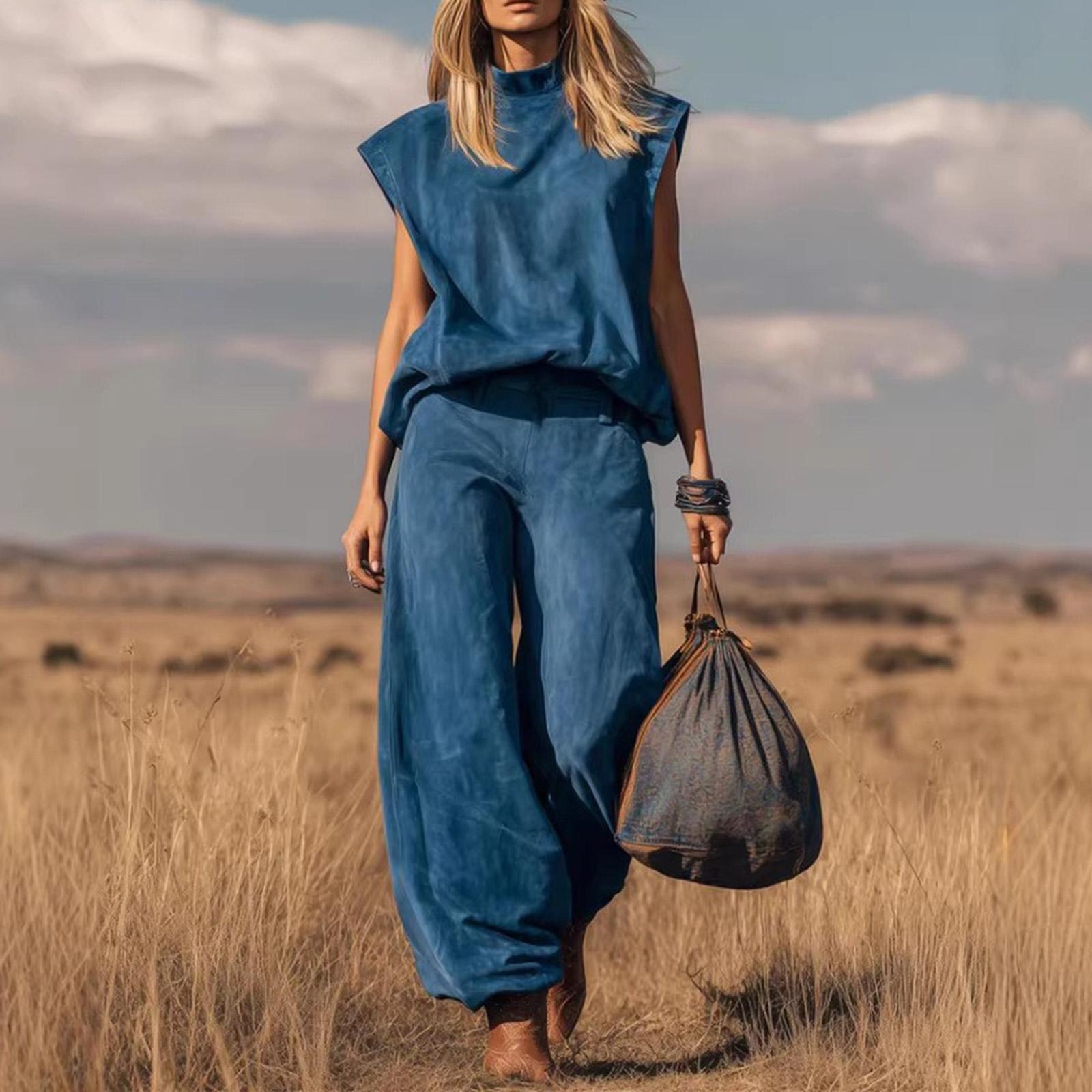 

Женский модный замшевый костюм без рукавов с широкими штанинами L