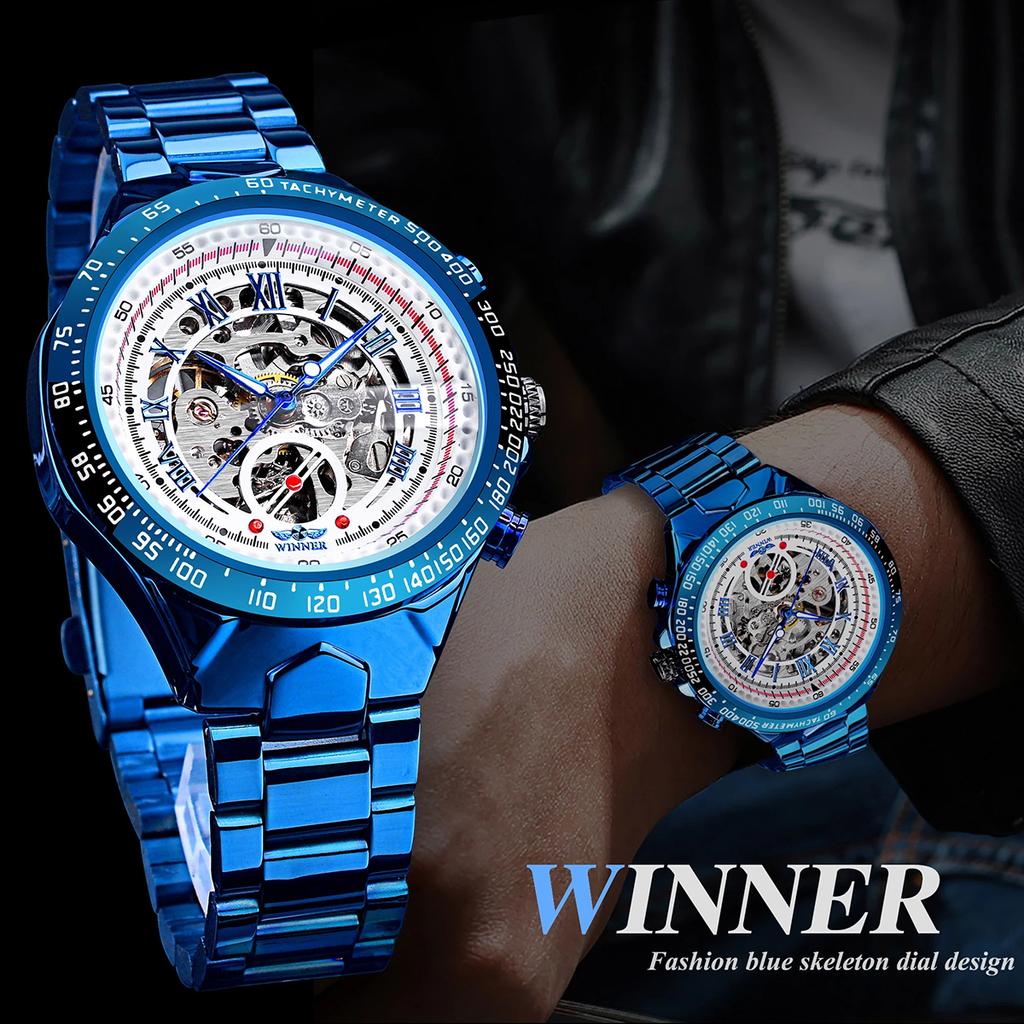 Fashion Automatic Mens Watches Luxury Mechanical Wristwatches Hollow Skeleton Watch with Stainless Steel Blue Montre Homme Uhren Montre