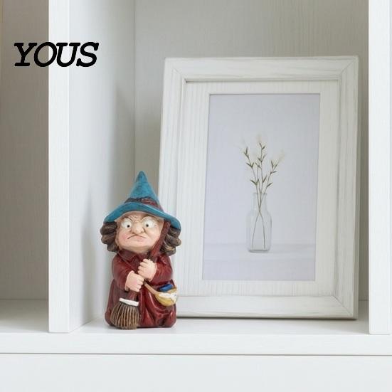 Halloween Party Decoration Witch on Broomstick Resin Figurine, Gnome Statue with Wizard Hat, For Shelf Vintage Spooky Decor for Desk Table,