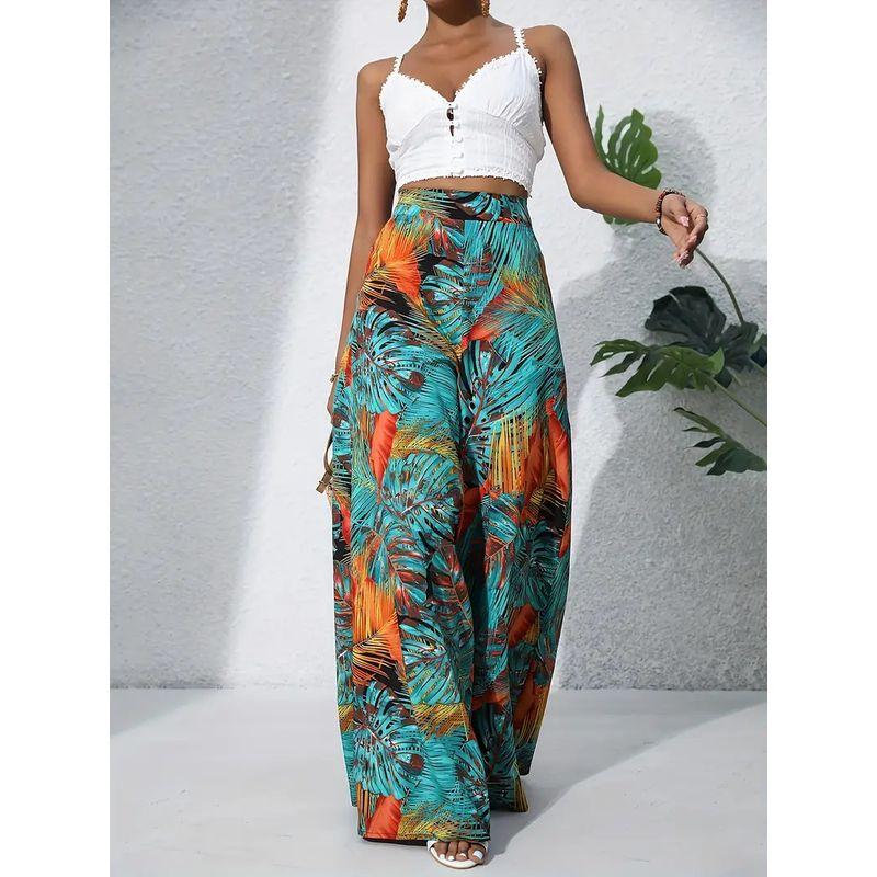 Cross-Border Bohemian Style Autumn New Fashion Leaves Print Loose Casual Elastic High Waist Wide Leg Pants Trousers