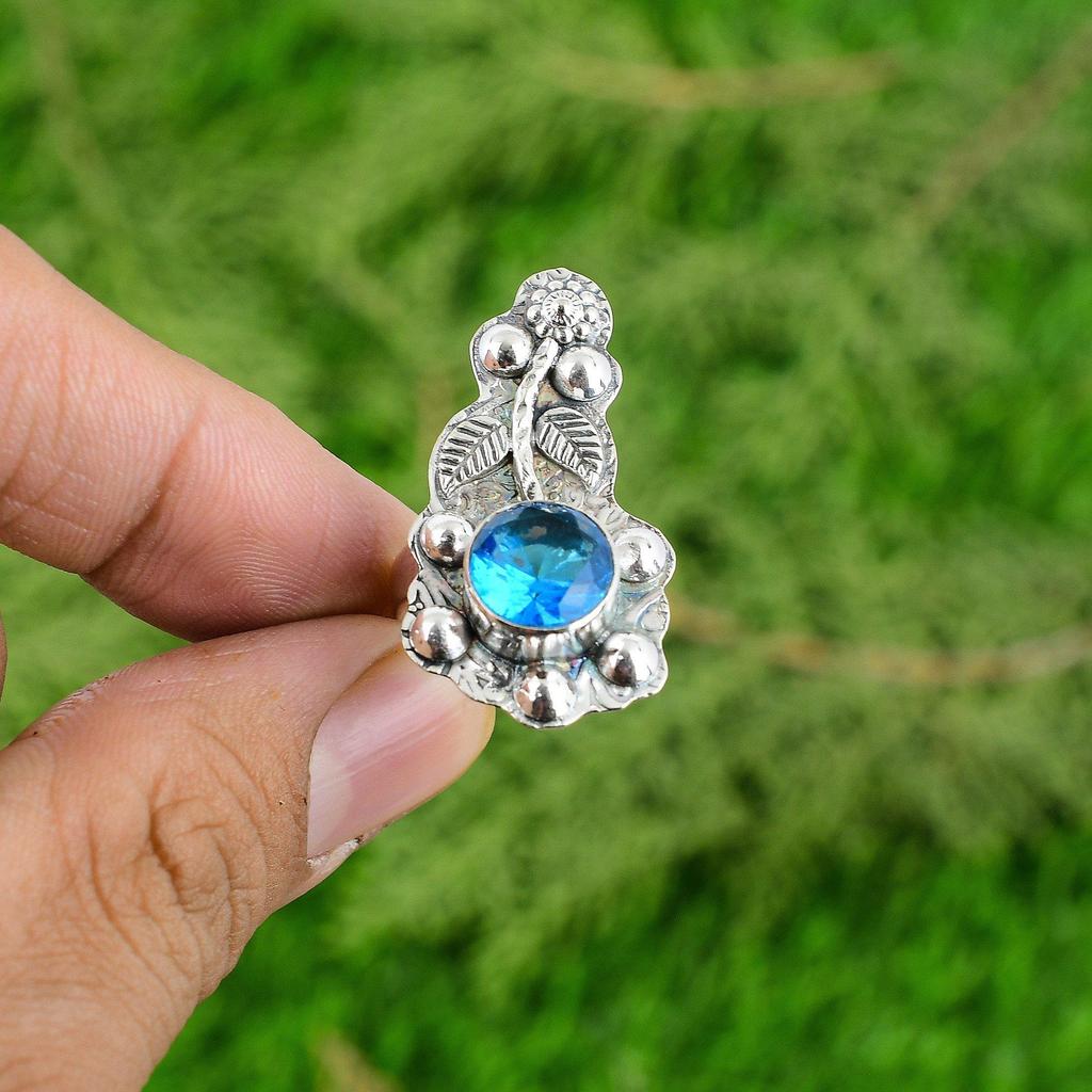 925 Silver Natural Swiss Blue Topaz Promise Statement Daughter Flower Bezel Ring