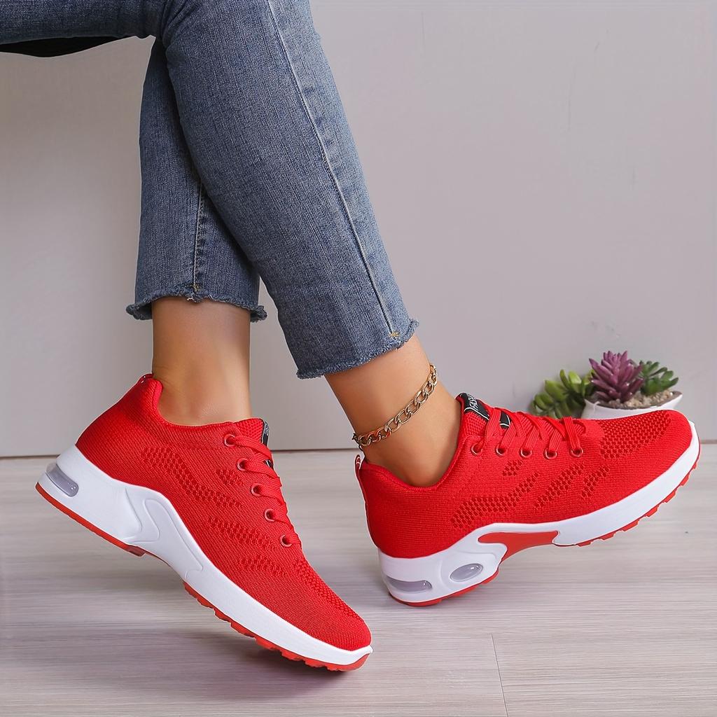 Women's Cushioned Sports Shoes, Comfortable Lace Up Woven Low Cut Running Shoes, Outdoor Sports Shoes