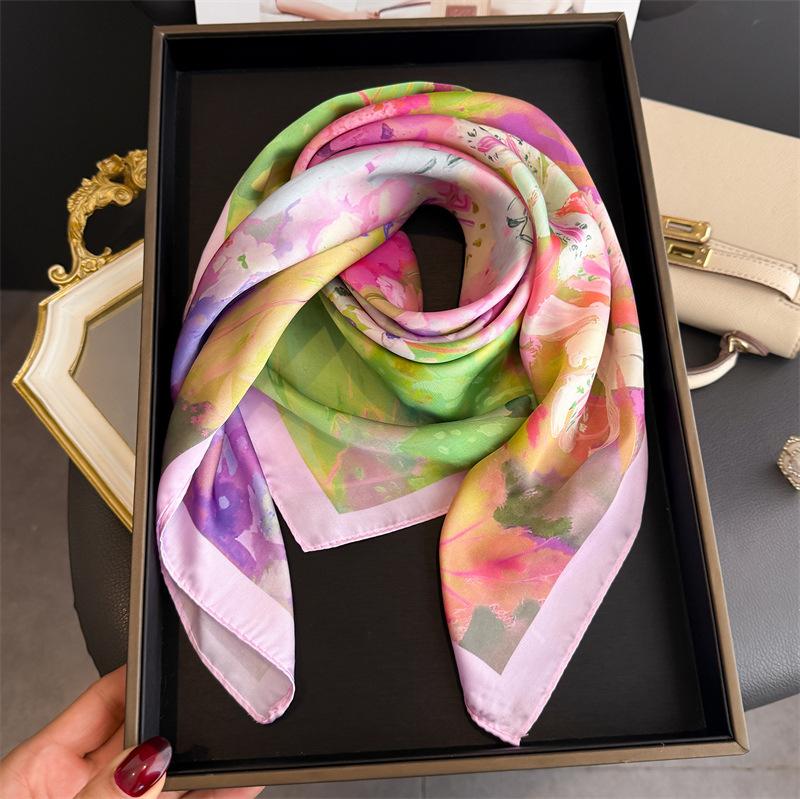 

70cm Flower Pattern Square Silk Scarf for Women Fashion Print Lady Bandana Headscarf and Bag Tie Ribbon Handkerchief for gift 70X70 CM