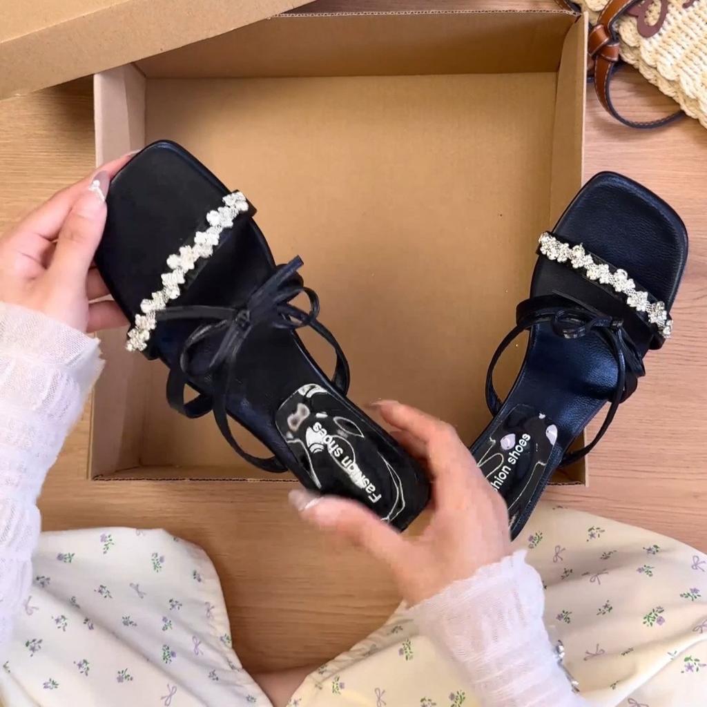 French Low-heeled Rhinestone One-word Fairy Shoes, Wear 2025 Summer New Models with Skirts, Bows, Cool Slippers, Women