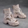Johnature Retro Hollow-out Peep Toe Roman Sandals Fashionable Front Lace Up Women's Platform Shoes