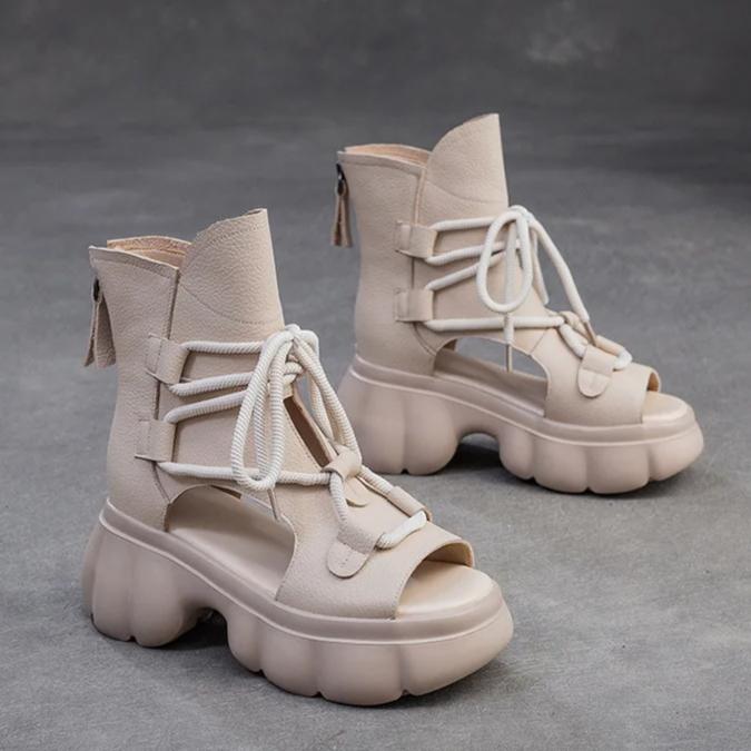 Johnature Retro Hollow-out Peep Toe Roman Sandals Fashionable Front Lace Up Women's Platform Shoes