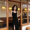 Summer Spaghetti Strap V-Neck Black Dress with Side Slit for Women