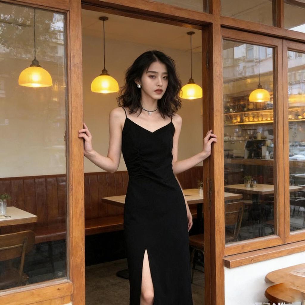 Summer Spaghetti Strap V-Neck Black Dress with Side Slit for Women