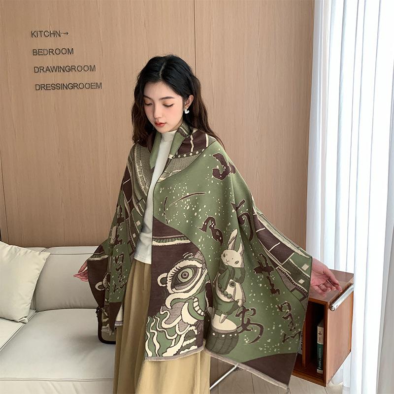 Winter Festive Red Imitation Cashmere Scarf for Women New Fashion Versatile Rui Rabbit Scarf Plus Velvet Warm Korean Style Shawl