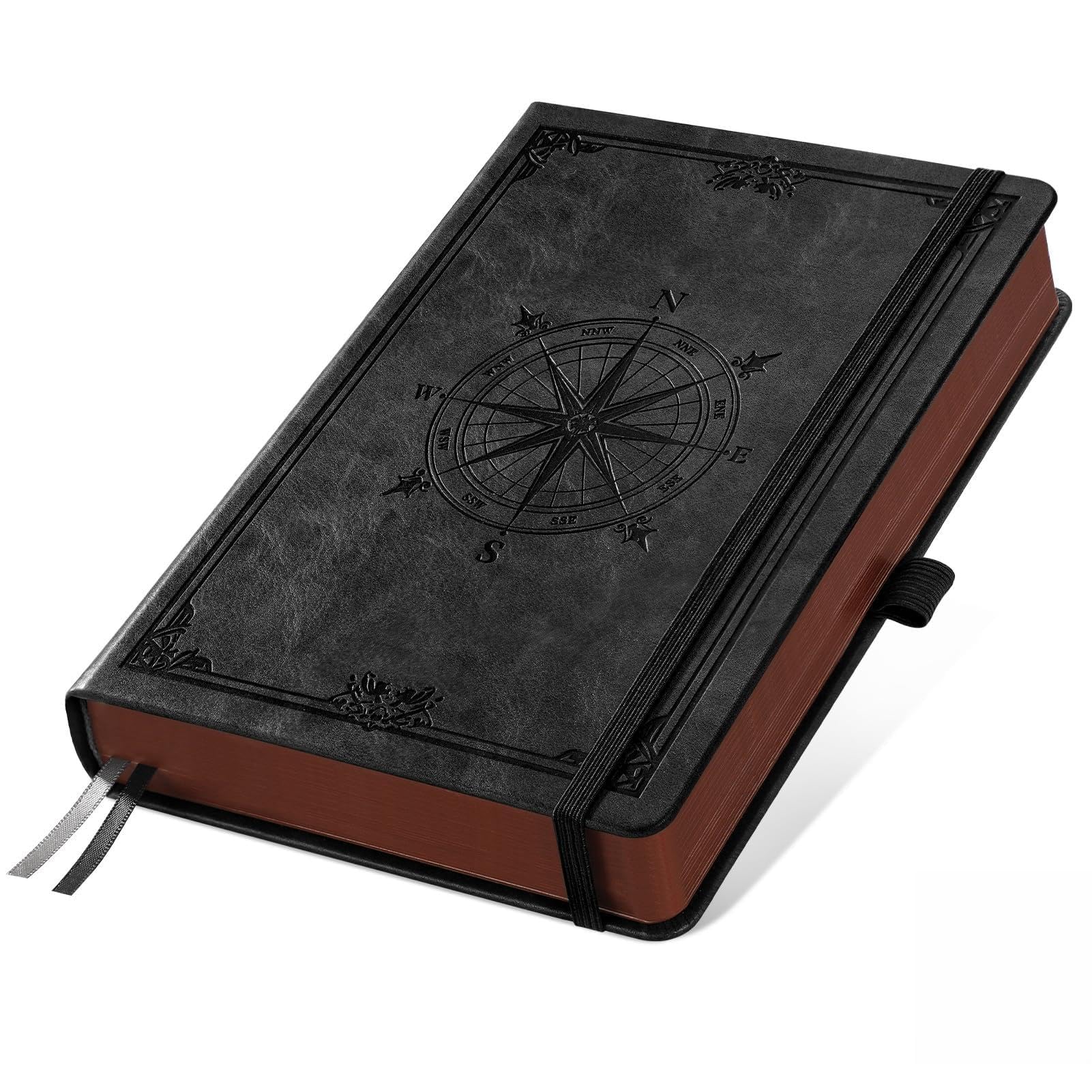 AHGXG A5 Compass Waterproof Leather 7mm 100GSM Thick A5 Size x for Black Notebook, Design, Hardcover, Ruled, Cardstock, Notebook, 14.6cm 21.28cm, чёрный