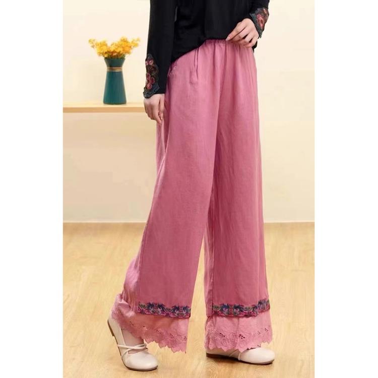 Damen Retro Bestickte Lässige Weitbein Hose Sommer Baumwoll- und Leinenhose Locker Gerade Bein Hose