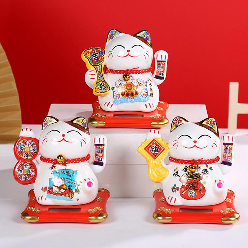 5.5 Inch Ceramic Maneki Neko Statue Solar Powered Beckoning Cat Waving Hand Lucky Cat Ornament Car Desktop Decoration Kitten