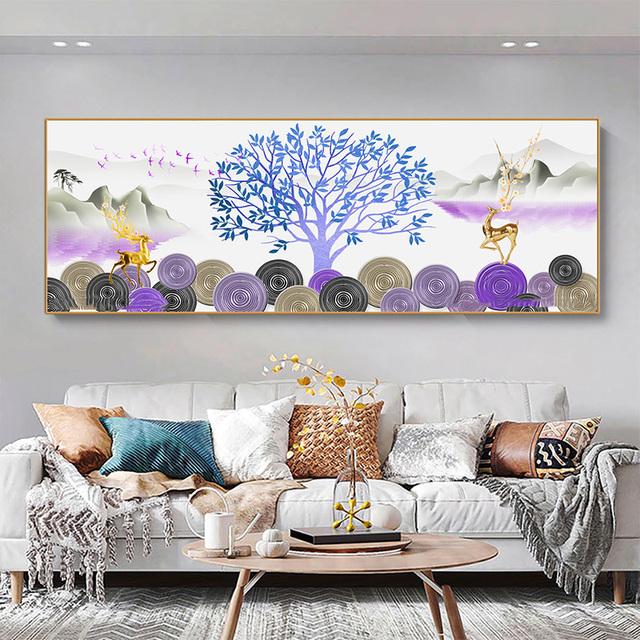 Abstrakcyjny krajobraz akwarela drzewo złoty łoś obraz na płótnie plakaty i druki Wall Art salon Home Decor bez ramki