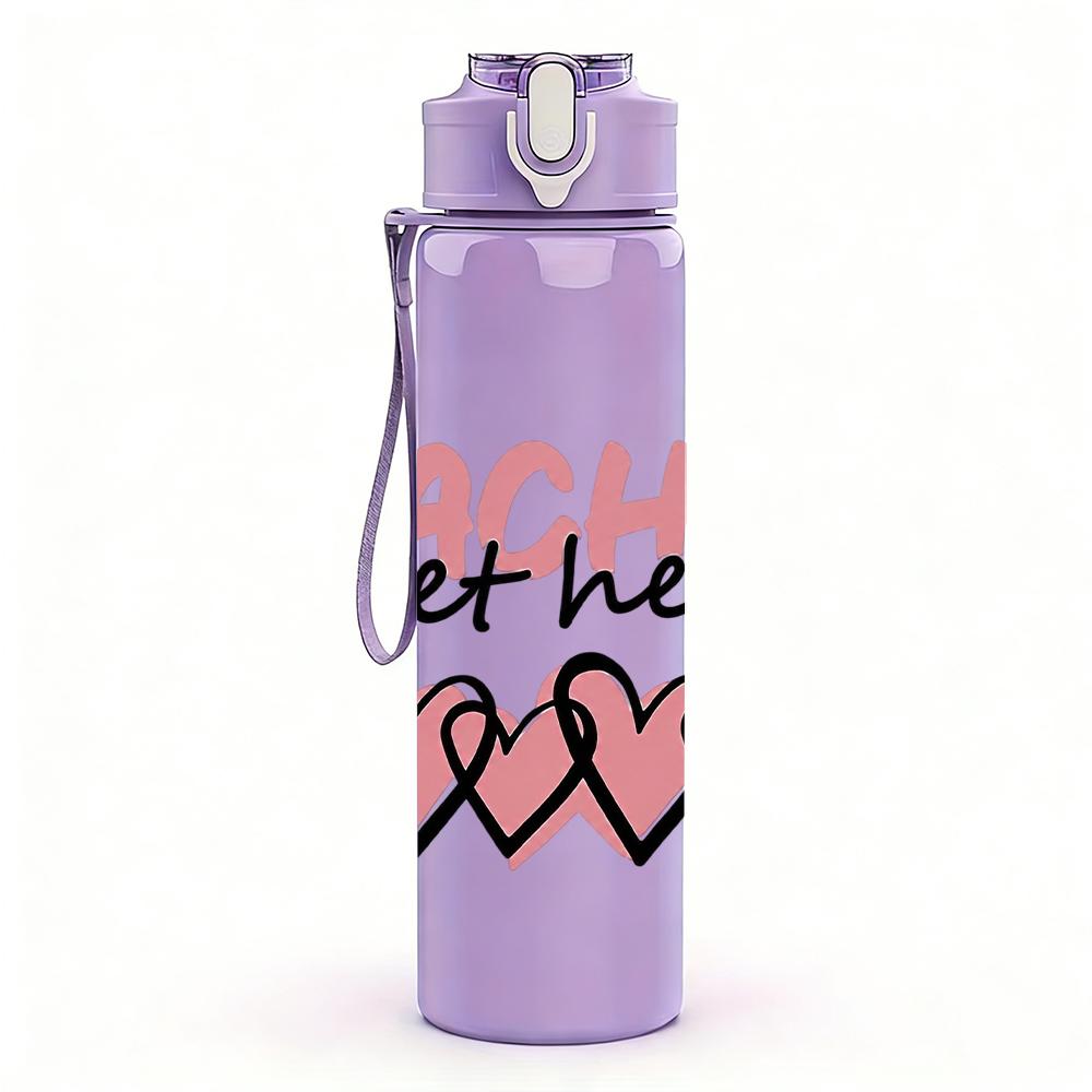 1PC Teaching Sweethearts Pink Heart Text Graphic,750ml Color Plastic Sports Water Bottle,Leakproof Flip Straw Lid,Suitable for Sports Office Home Use