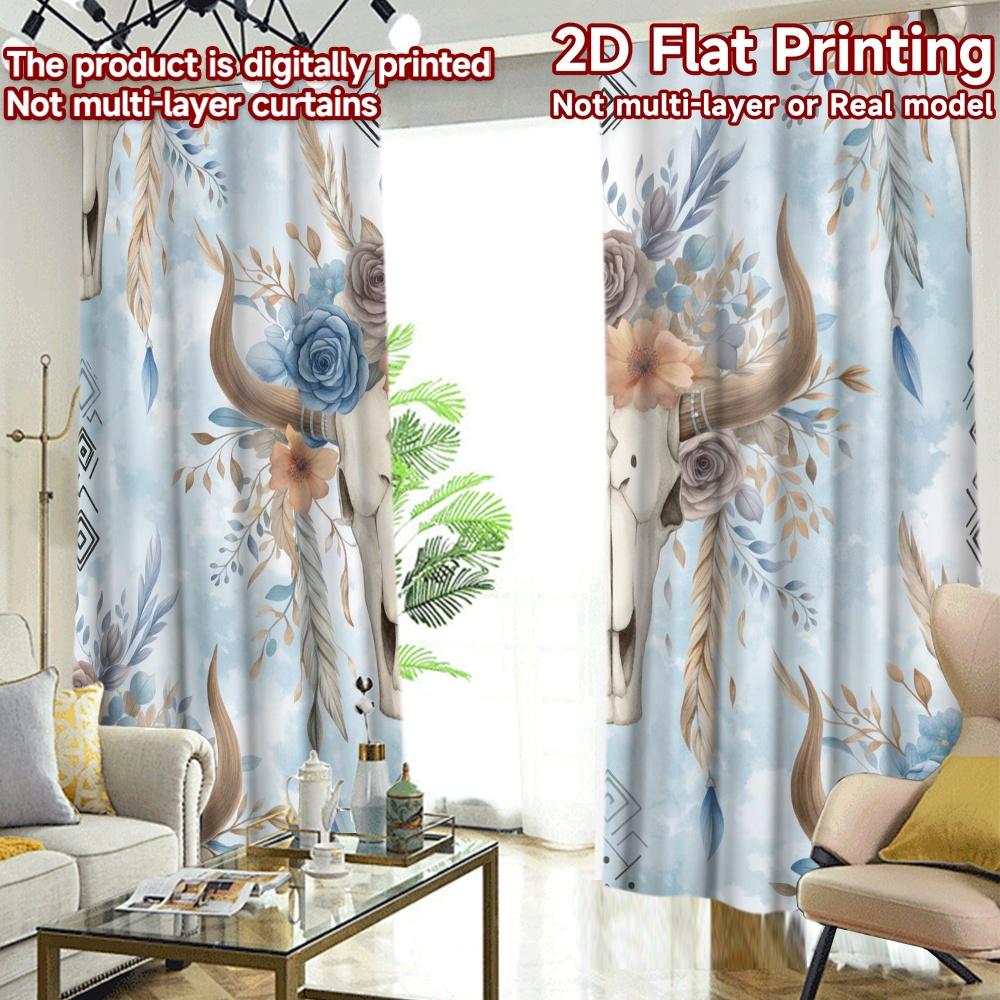 2D FLAT PRINTING 2pcs Curtains (Without Rod) Floral Bull Skull Design Popular Fashionable Curtains Versatile Durable Polyester