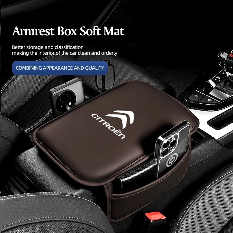 WKZA3 Leather Car Armrest Box Pad Car Center Console Arm Rest Protector Cover with Storage Pocket For All Citroen CACTUS Picasso C4L