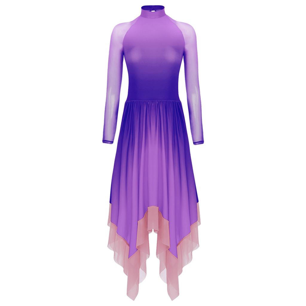 Womens Lyrical Dance Gradient Dress Mesh Long Sleeve Irregular Hem Back Keyhole Leotard Figure Skating Modern Costume
