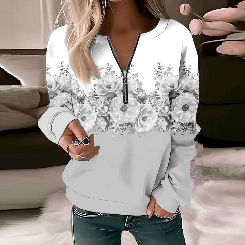 Moletom feminino com capuz, básico, zíper, manga comprida, estampa floral, moletom casual