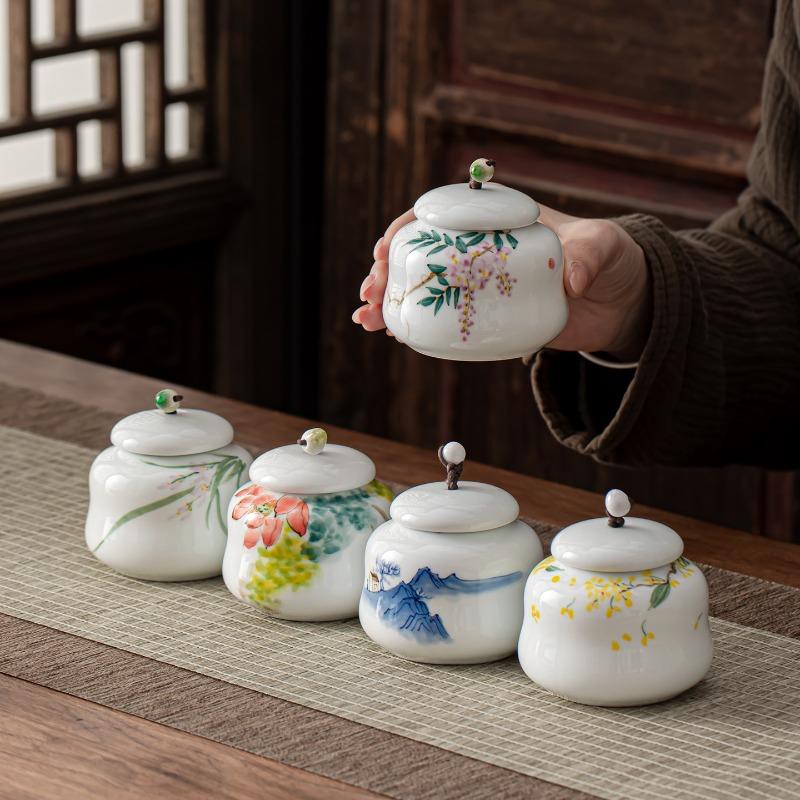 Creative Ceramic Tea Caddy with Landscape and Floral Design Sealed Jar Multi-Functional Storage for Candy Nuts and Coffee Beans