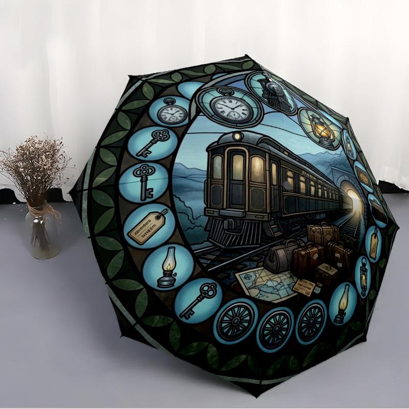 Train Journey Through Time pattern umbrella, portable and foldable design, 8 ribs, a casual accessory for Halloween, Christmas, and birthday gifts.