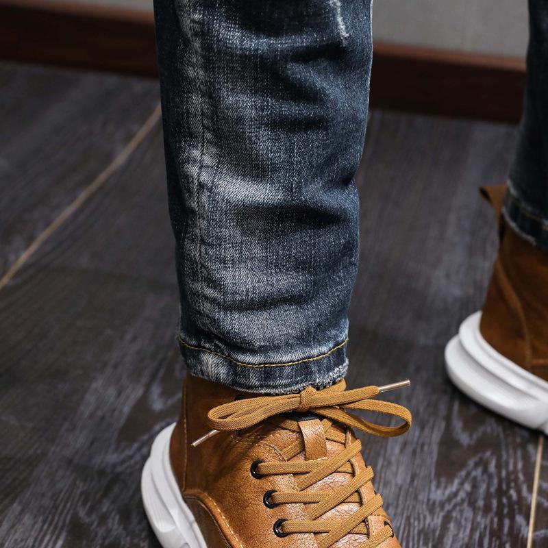 Men's Slim Fit Jeans - Vintage Washed Blue & Black with Embroidery, European & American Street Style