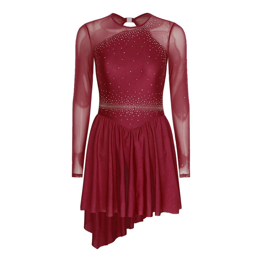 Damen Funkelnde Strasssteine Tanzkleider Cut-out Rücken Kontrastfarbe Netz Langarm Asymmetrischer Saum Kleid
