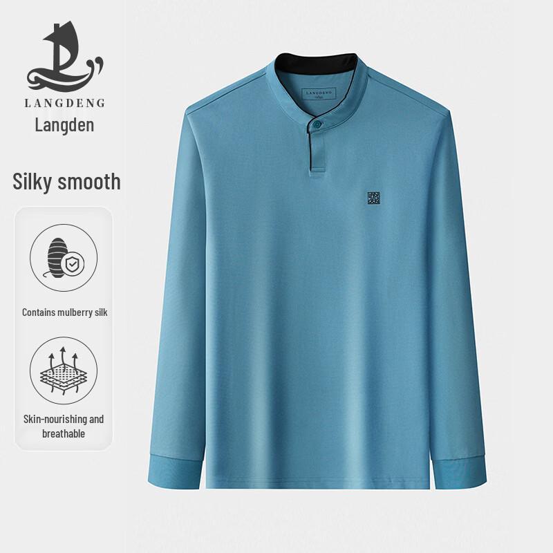 Men s Long-Sleeve Mulberry Silk Blend Stand-Collar Polo Shirt M