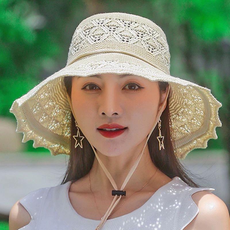 2025 Women's Korean Style Lace Dome Wide Brim Sun Hat - Summer Beach Knitted Sun Protection