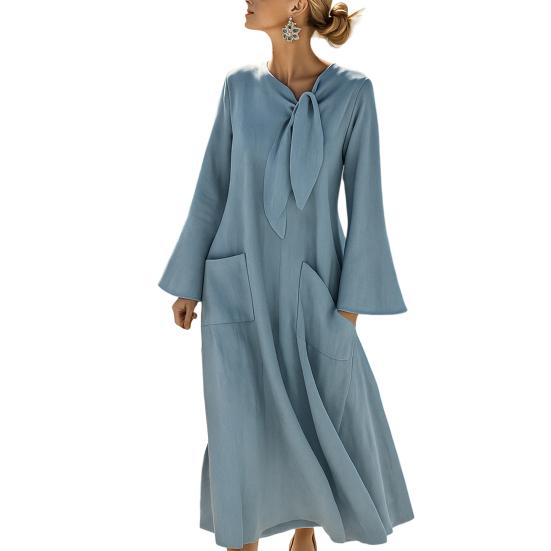 

Summer Cotton Dress for Women Casual Flowy Beach Vacation Sundress Tie Neck Long Sleeve A-Line Swing Dress with Pockets S синий