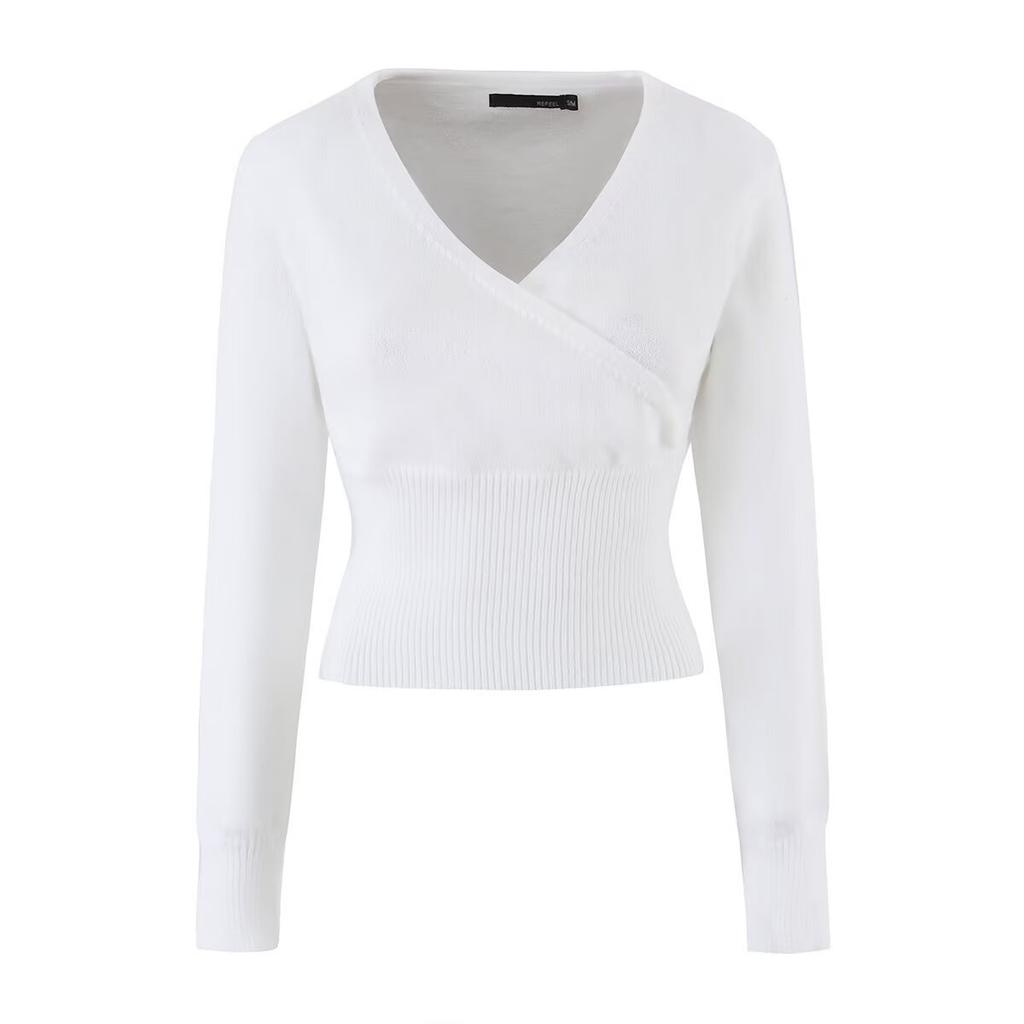 European and American style, new women's clothing, foreign style, versatile V-neck wrap-up knitted short sweater top