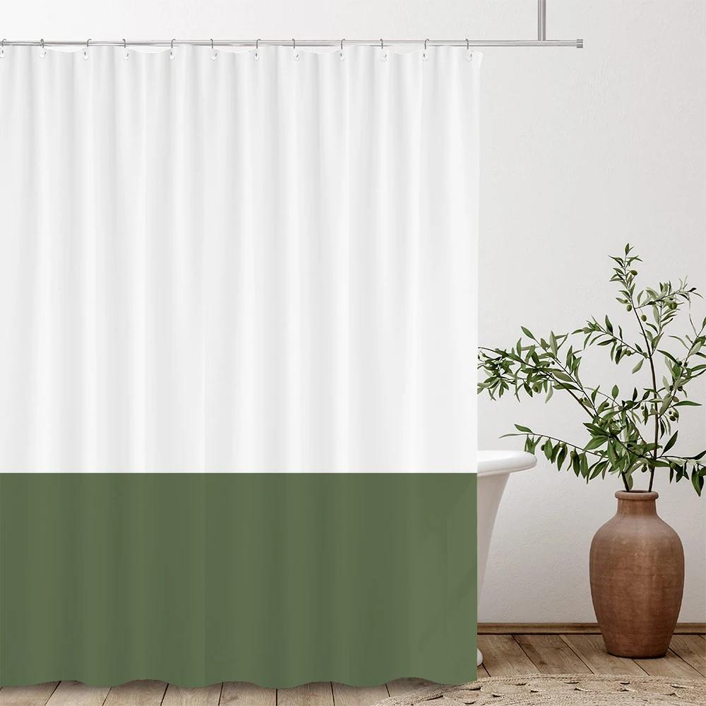 White Green 2 Various Colors Splicing Shower Curtain, Texture Fabric Bathroom Decor Waterproof Fabric Shower Curtian With Hooks