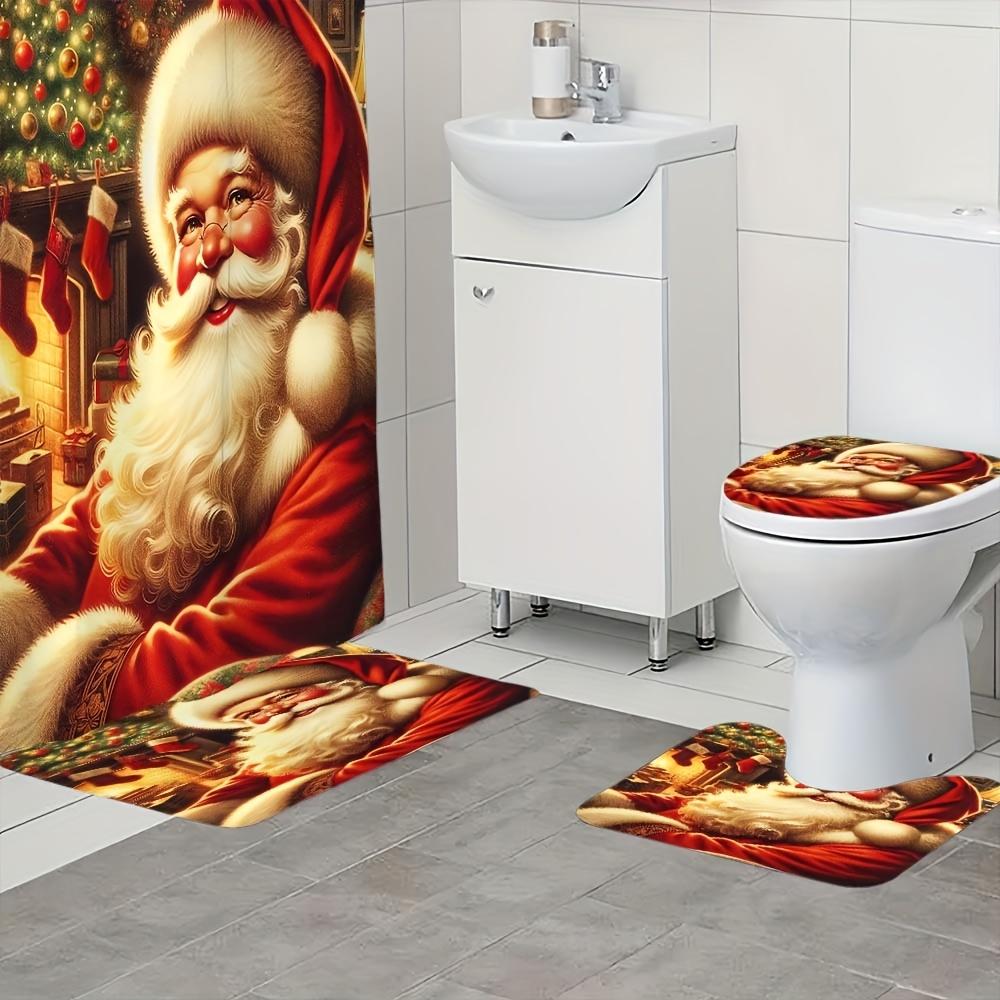 4Pcs Bathroom Shower Curtain Set Santa Claus  Bathroom Curtain With 12 Hooks Non Slip Rugs Toilet Cover Mat Bathroom Partition