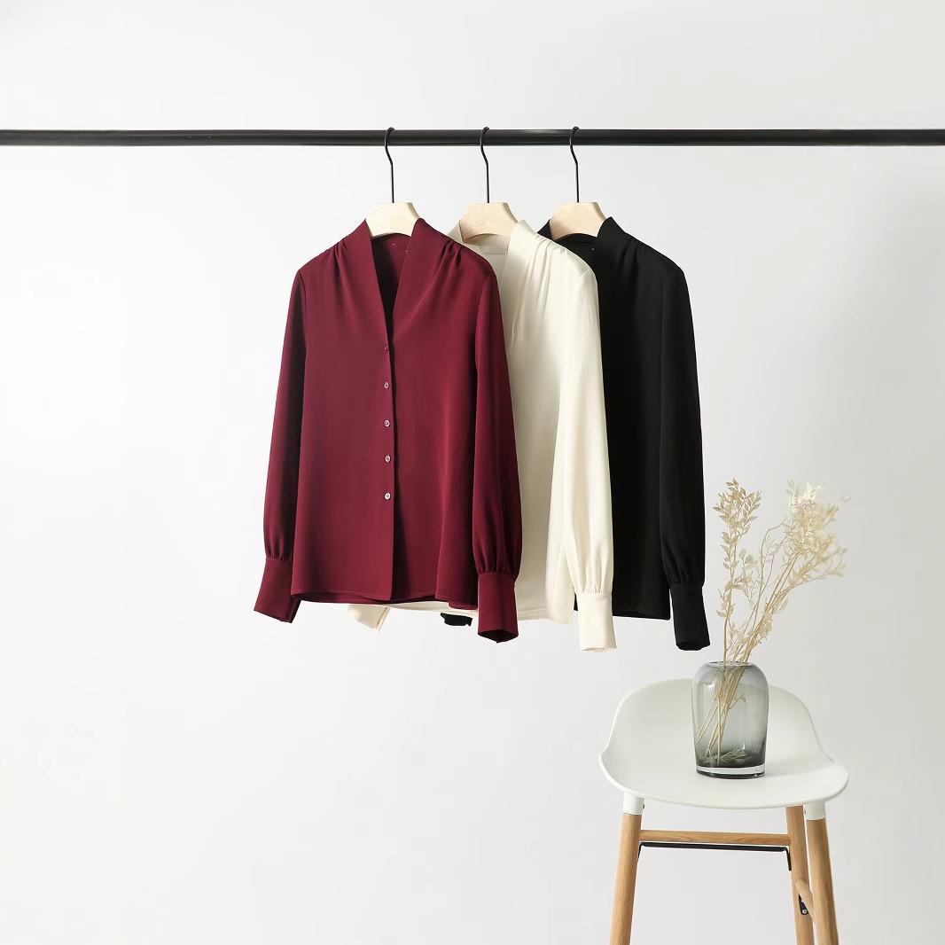 

New French Acetate Collar Shoulder Shell Pleated Long Sleeve Shirt S