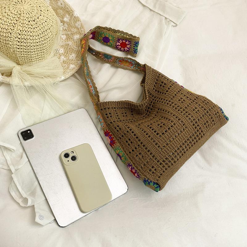Large Capacity Fashion Cut-out Boho Tote Bag Trendy Floral Crochet Handmade Knitted Bag Vintage Multicolor Hollow Out Handbag