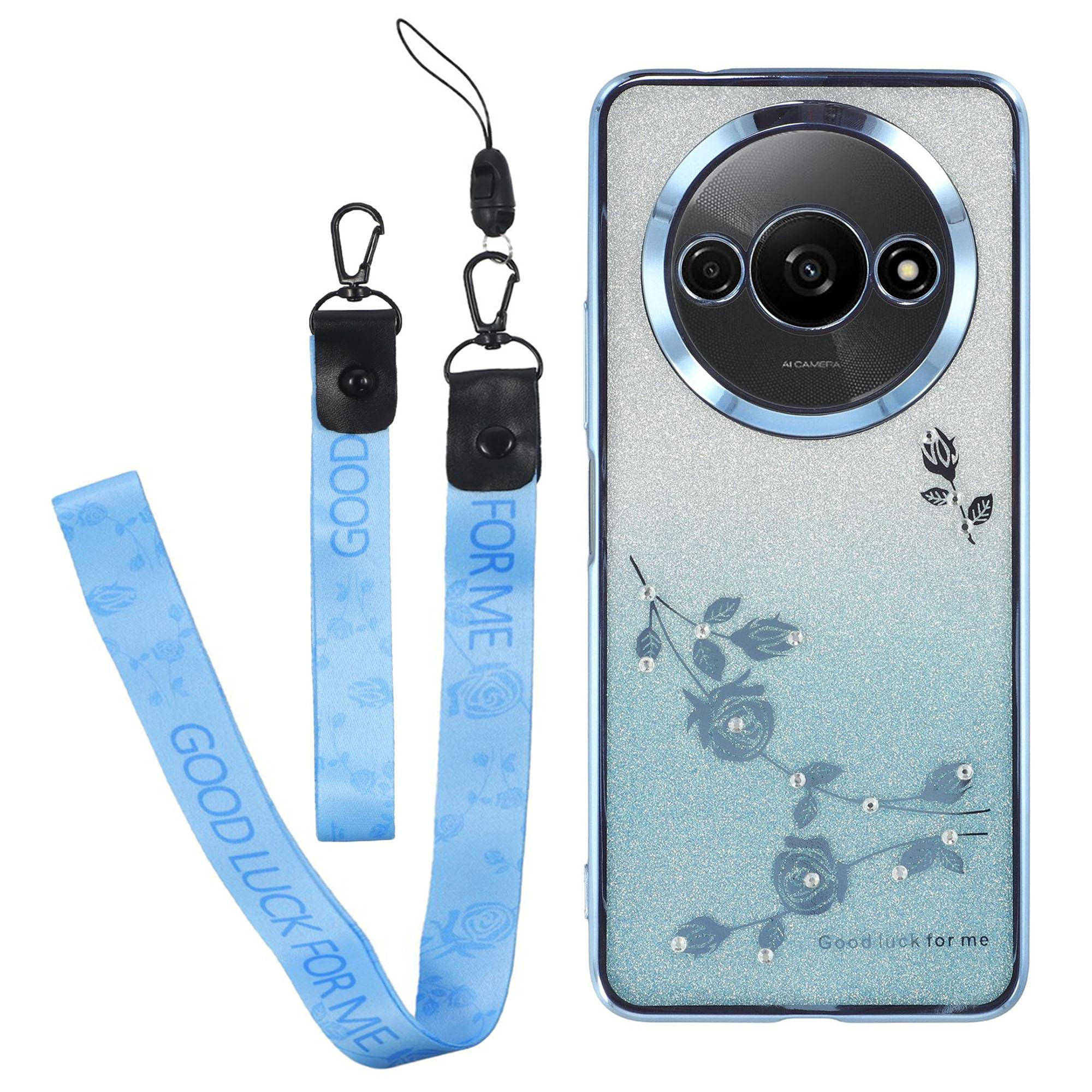 

KADEM For Xiaomi Redmi A3 4G/Poco C61 4G Case Soft TPU Flower Glitter Rhinestone Phone Cover with Lanyard Blue
