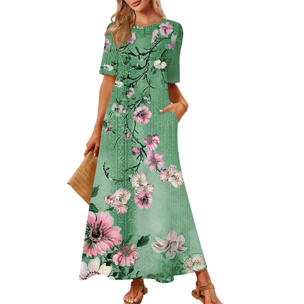 Women's Fashionable And Casual Long Beach Skirt Round Neck Short Sleeved Loose Retro Print Dress