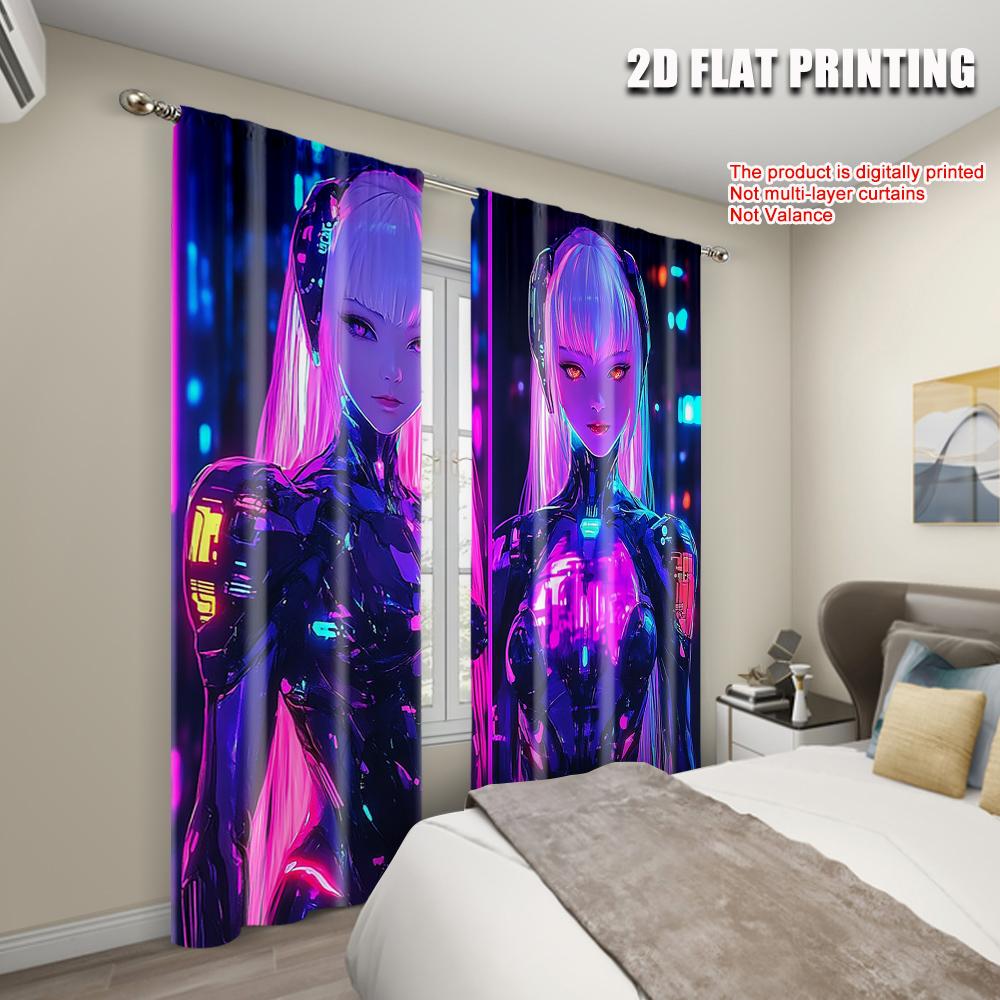 2pcs   Curtain Set  plane printing Vibrant Cyberpunk Anime Girl Durable 100% Polyester Fabric (without rod) Holiday Ldeal for