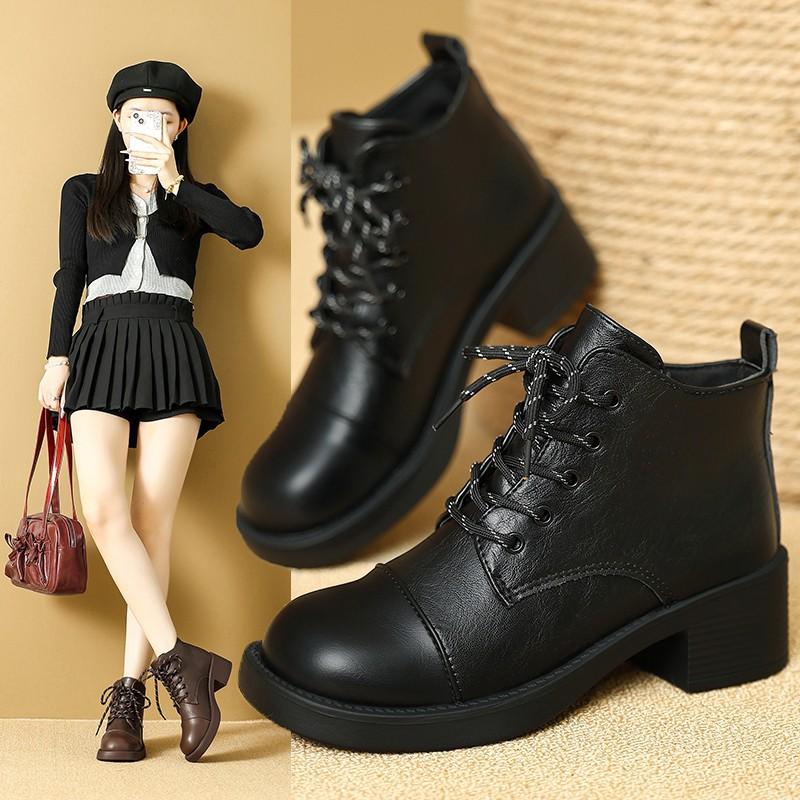 Martin Boots Women's British Style Winter New Thin Women's Boots Comfortable Lace-up Thick Heel Medium Heel Short Boots Women