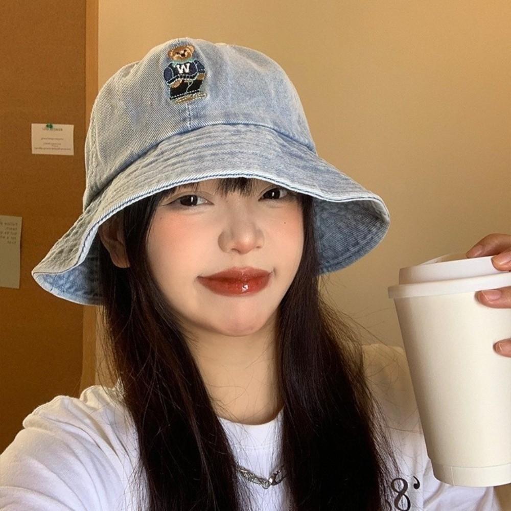 Versatile Denim Bucket Cap Bear Embroidered Sun Protection Hat Vintage Denim Fishing Cap  Women