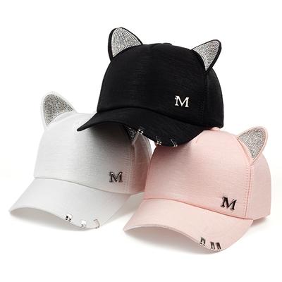 1Piece Unisex Cat Ears  Drills Baseball Cap Outdoor Adjustable Sunscreen Leisure Hat Spring Autumn Travel Tourism Vacation