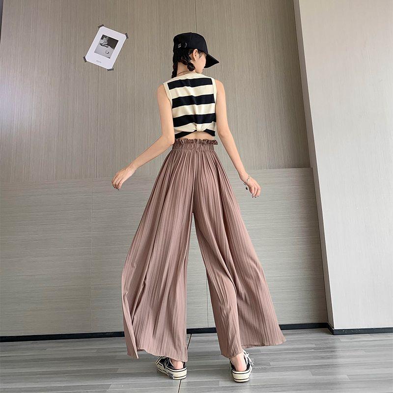 Summer Thin Plus Size HighWaist Relaxed 9/10 Length Chiffon Culottes for Women Draped WideLeg Pants