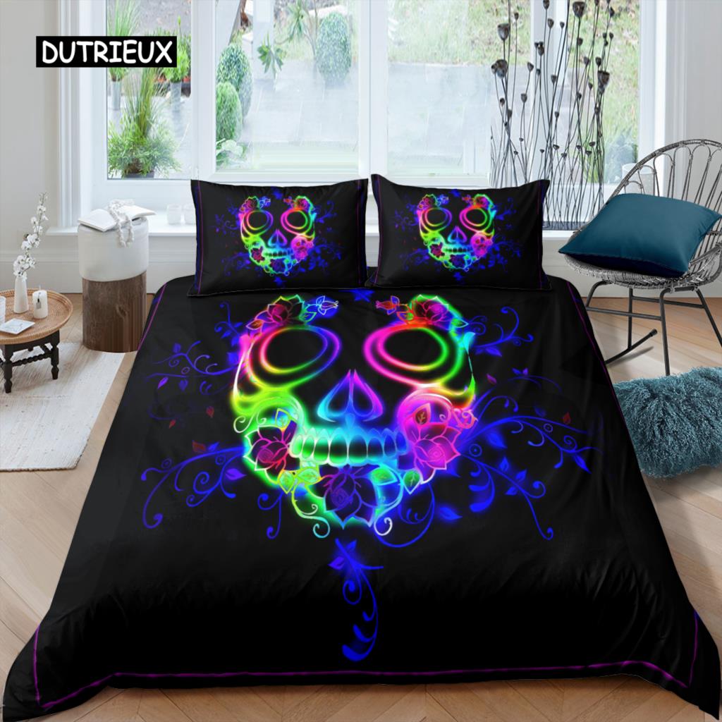 Ložní soupravy Sugar Skull King Krása Polibek Lebka Povlak na přikrývku Ložní souprava Bohémský potisk Černé ložní prádlo Velikost Queen Bedline