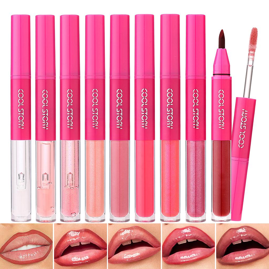9 Colors 2-in-1 Mirror Shine Lip Gloss Matte Brown Lipliner Plumping Lasting Tint Water Glossy Juicy Non-Sticky Lip Makeup